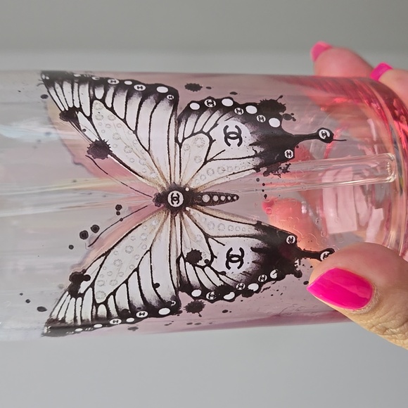 New glass cup w/ straw CC butterfly - Picture 2 of 2